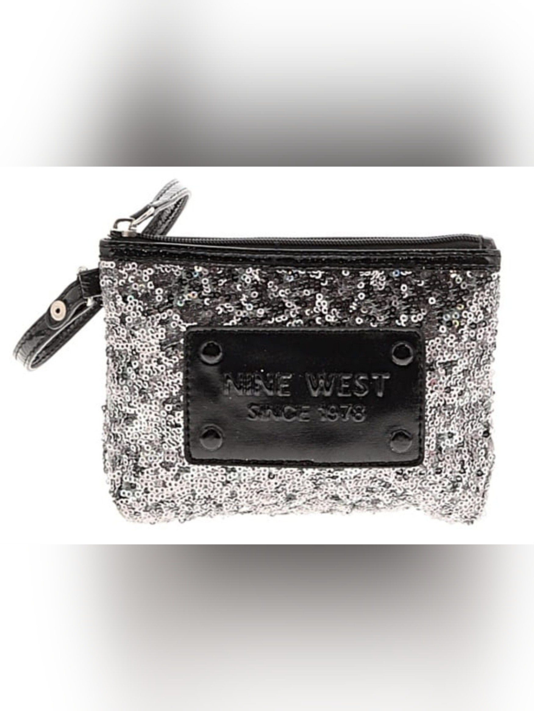 Nine West Silver Sequin Wristlet Pouch With Logo Plate